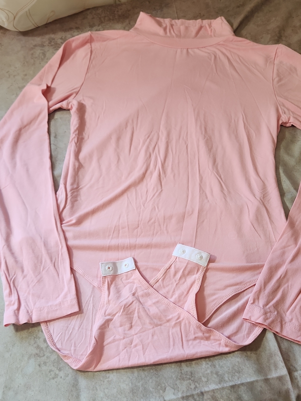 Light Pink Long-Sleeve Mock Neck Bodysuit with Snap Hem